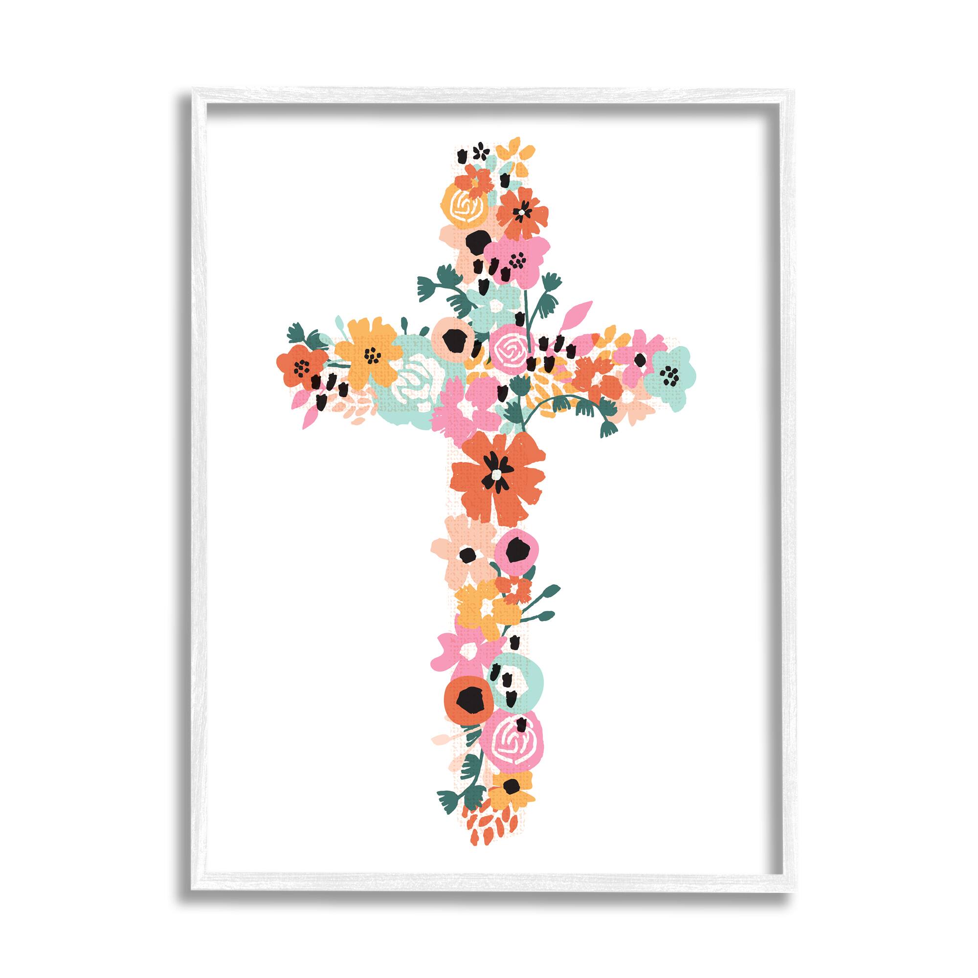 Stupell Industries Bold Flowers Cross Symbol Floral Arrangement Design Framed Giclee Art